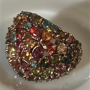 Vintage Sterling Floral Bouquet Multicolor Gemstone Dome Ring